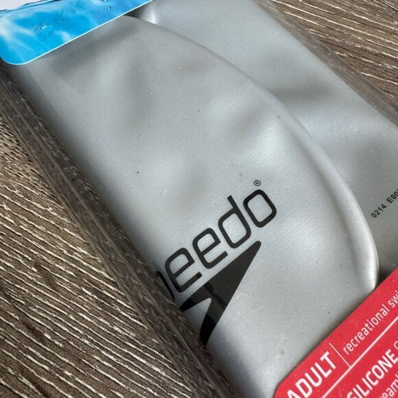 New Speedo Silver with Black Logo Swim Cap Solid Silicone. - Picture 3 of 5